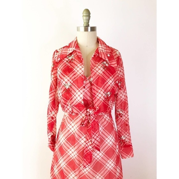 70s Gingham Maxi Dress Red Picnic Long Embroidered Garden Longsleeve 2 Piece Set - Picture 2 of 10